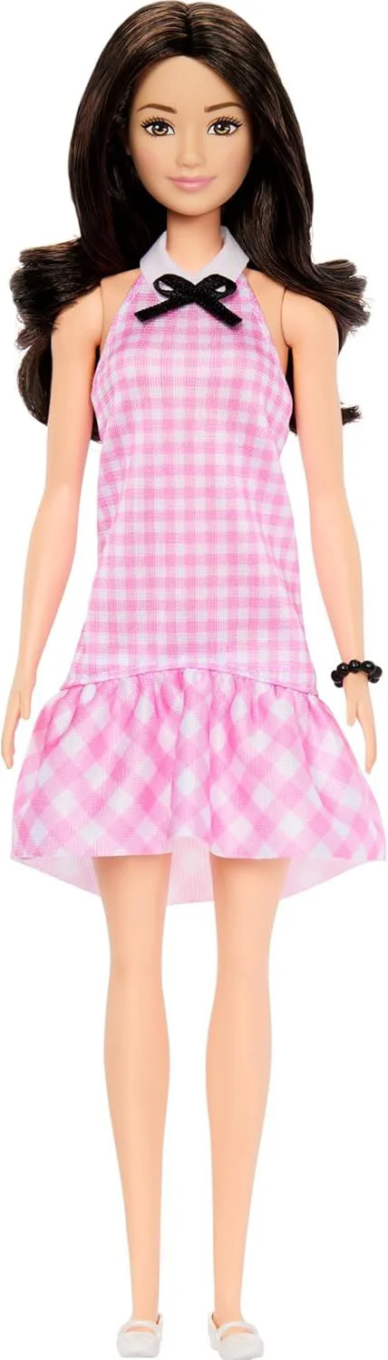 Papusa Barbie "Fashionista in rochie roz in carouri" foto