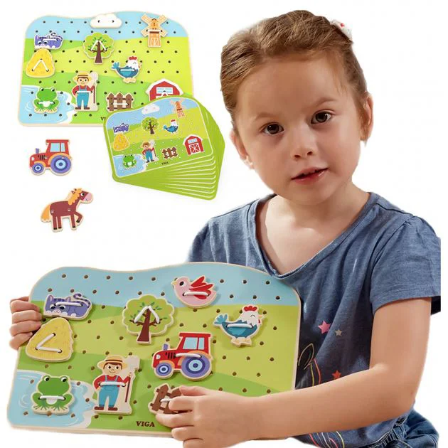 Jucarie educativa din lemn cu siret Viga Toys Ferma foto