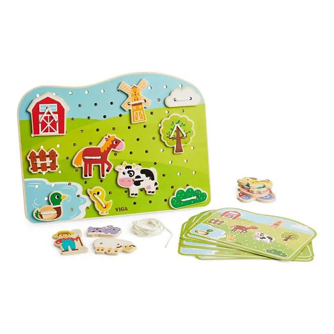 Jucarie educativa din lemn cu siret Viga Toys Ferma foto