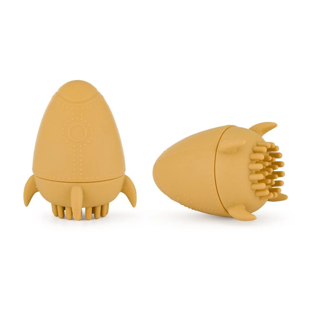 Perie si jucarie de baie din silicon Petite&Mars Splashy Rocket Intense Ochre (6+ luni) foto