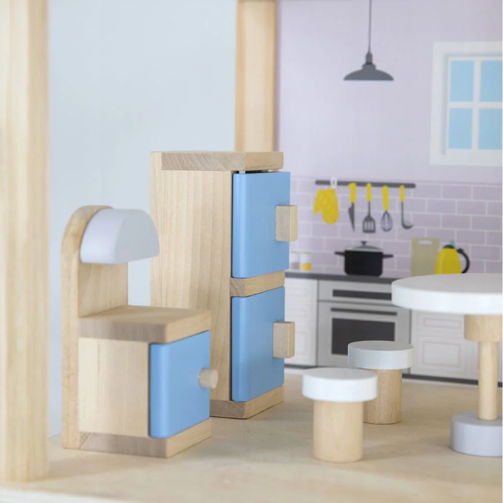 Casa de papusi din lemm Viga Toys – 3 etaje, 22 accesorii & 4 figurine foto