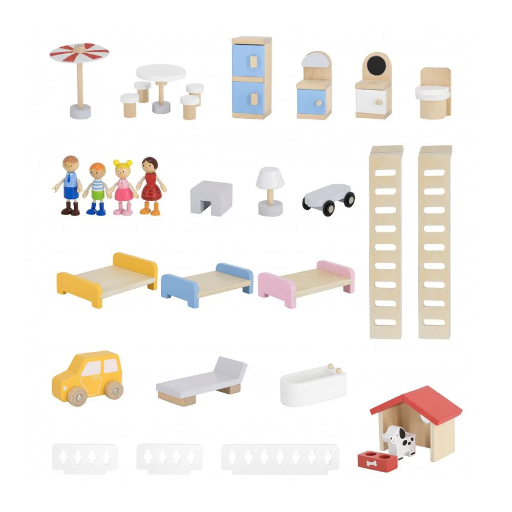 Casa de papusi din lemm Viga Toys – 3 etaje, 22 accesorii & 4 figurine foto