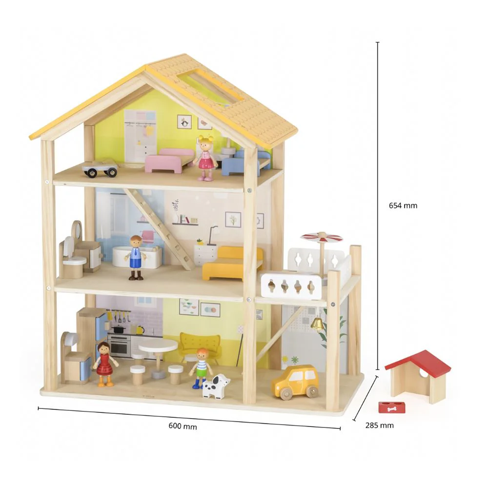 Casa de papusi din lemm Viga Toys – 3 etaje, 22 accesorii & 4 figurine foto