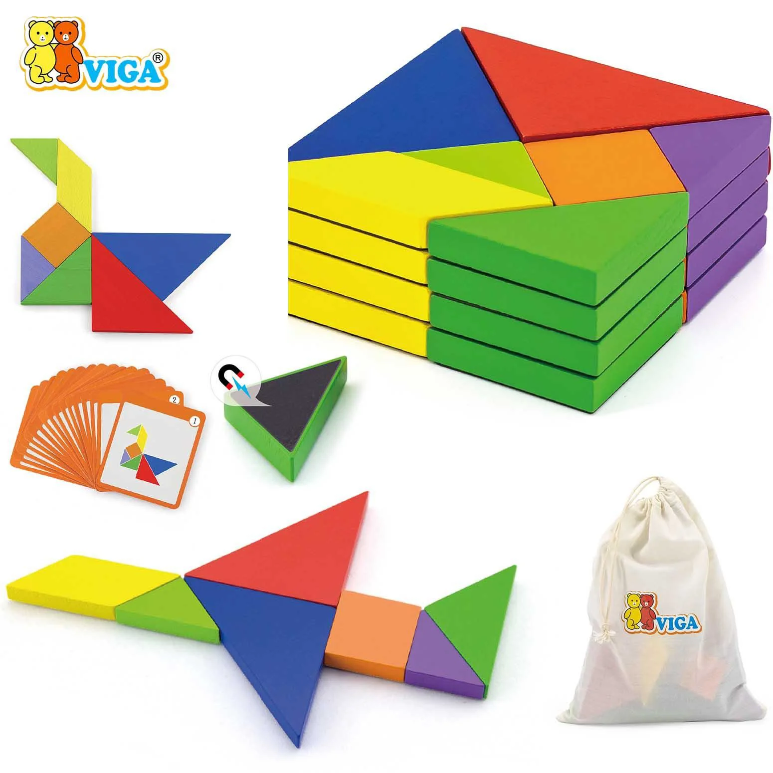 Joc educativ Viga Toys Tangram magnetic - cu carduri model foto