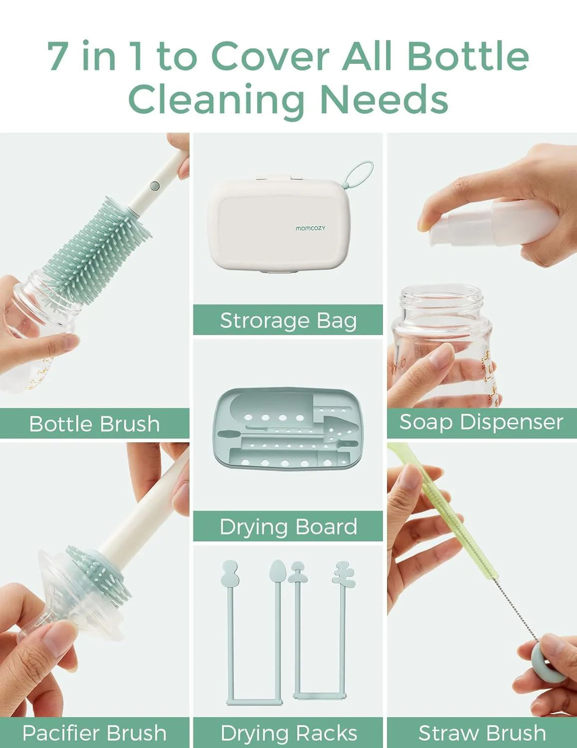 Set pentru curatarea biberoanelor 7 in 1 Momcozy Green foto