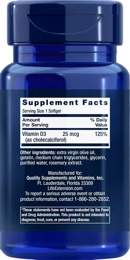 Supliment alimentar Life Extension Vitamina D-3 25 mcg 1000 IU, 90 capsule foto