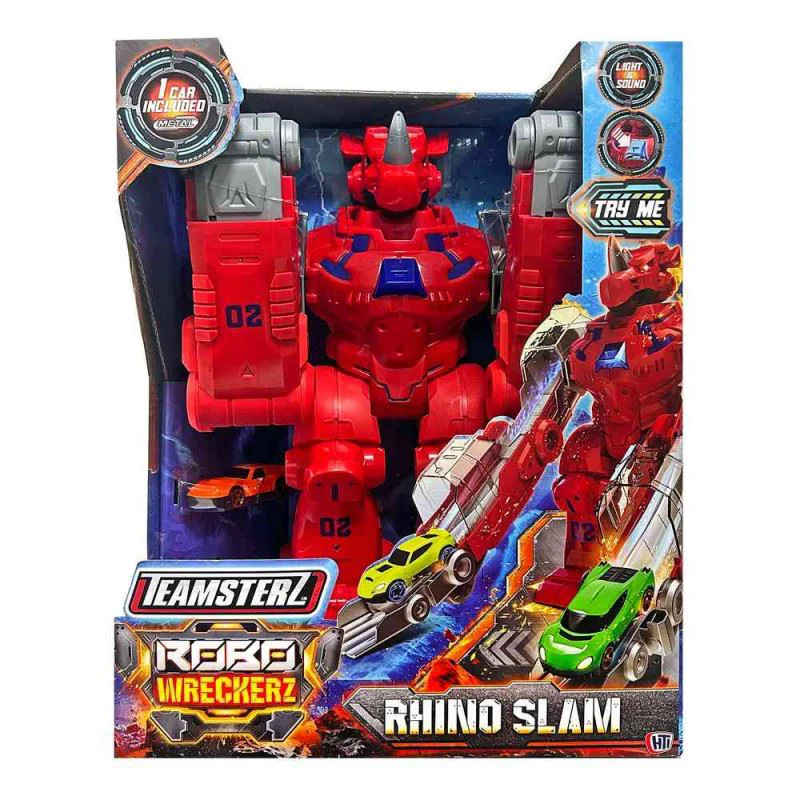 Set de joaca HTI Teamsterz Robot Rinocer cu pista, lumina, sunet si masina metalica foto