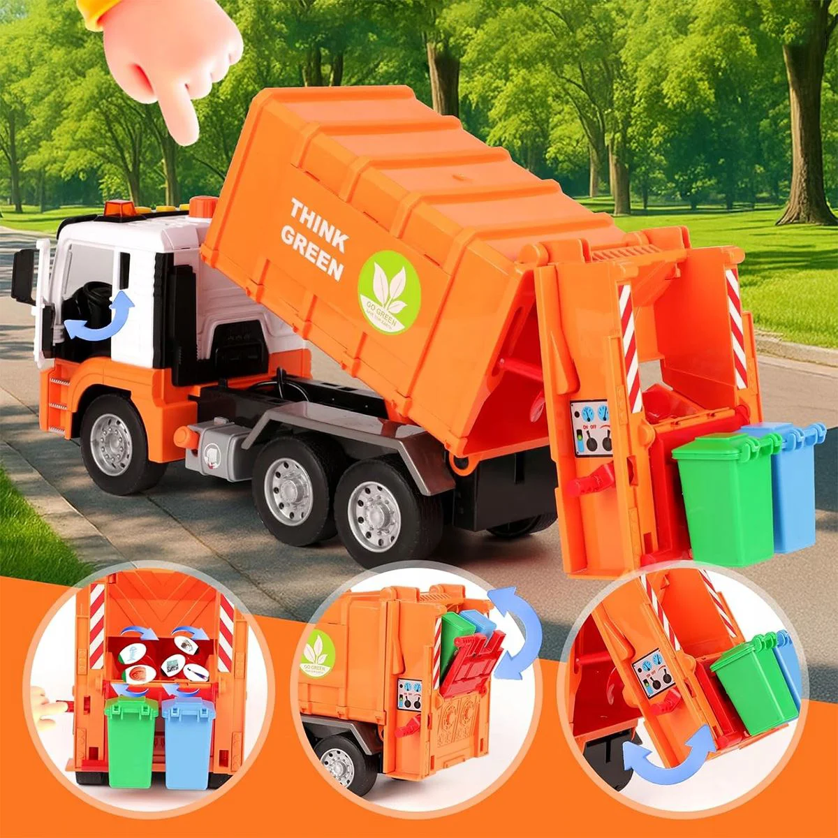 Camion de gunoi cu inertie Wenyi Think Green cu lumina si sunet, 1:10 foto