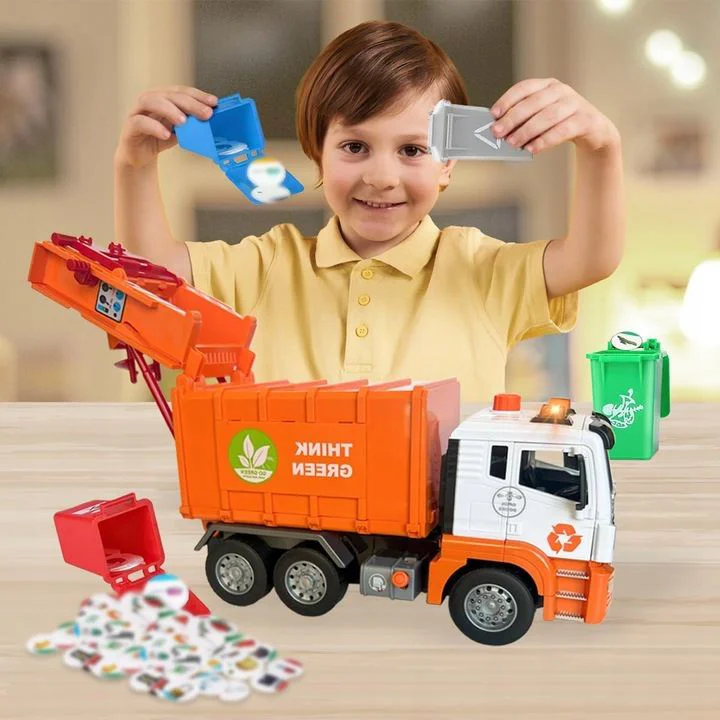 Camion de gunoi cu inertie Wenyi Think Green cu lumina si sunet, 1:10 foto