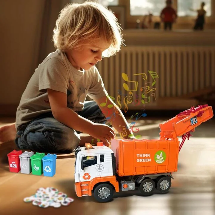 Camion de gunoi cu inertie Wenyi Think Green cu lumina si sunet, 1:10 foto