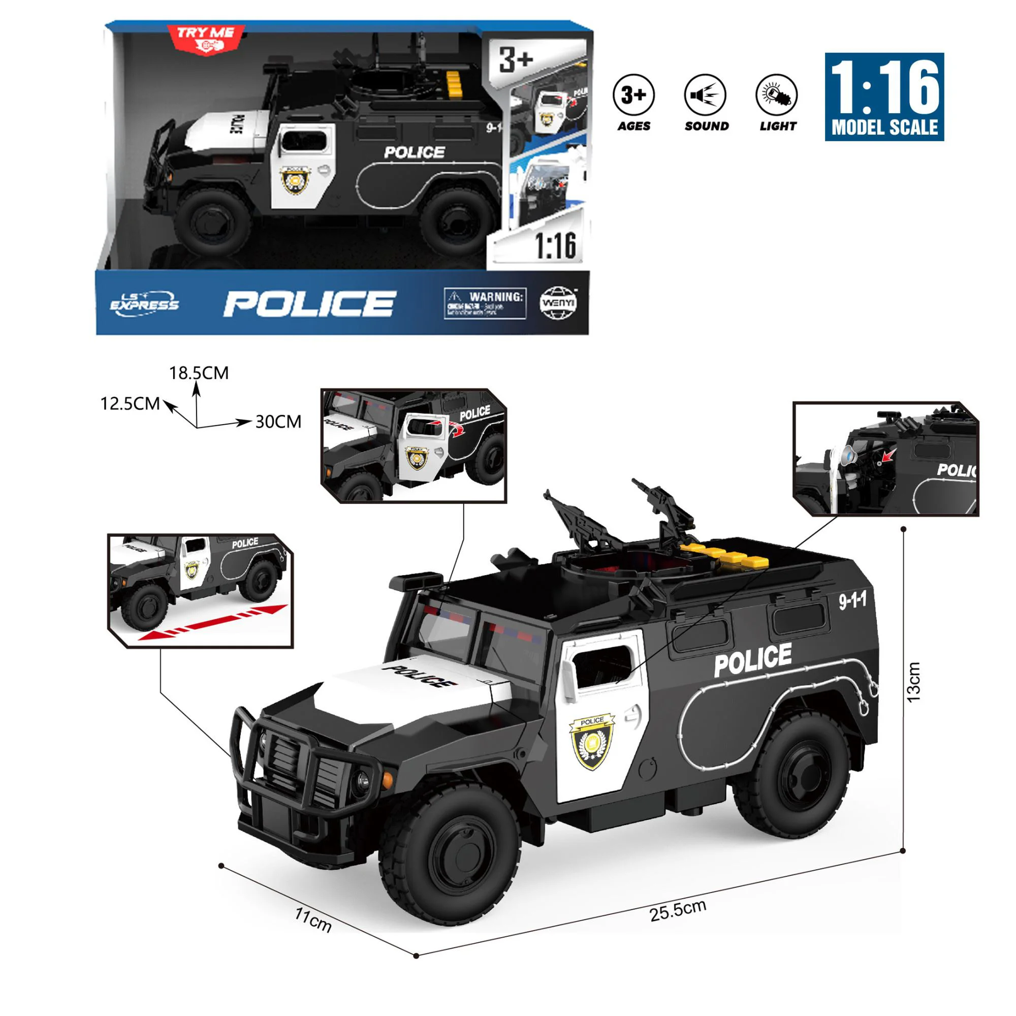 Jeep de politie cu inertie Wenyi cu lumini, sunete si usi mobile, 1:16 foto