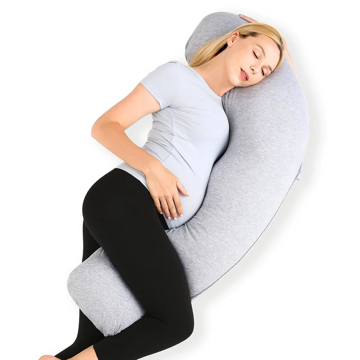 Подушка для беременных в форме J Momcozy Jersey Fabric Light Grey foto