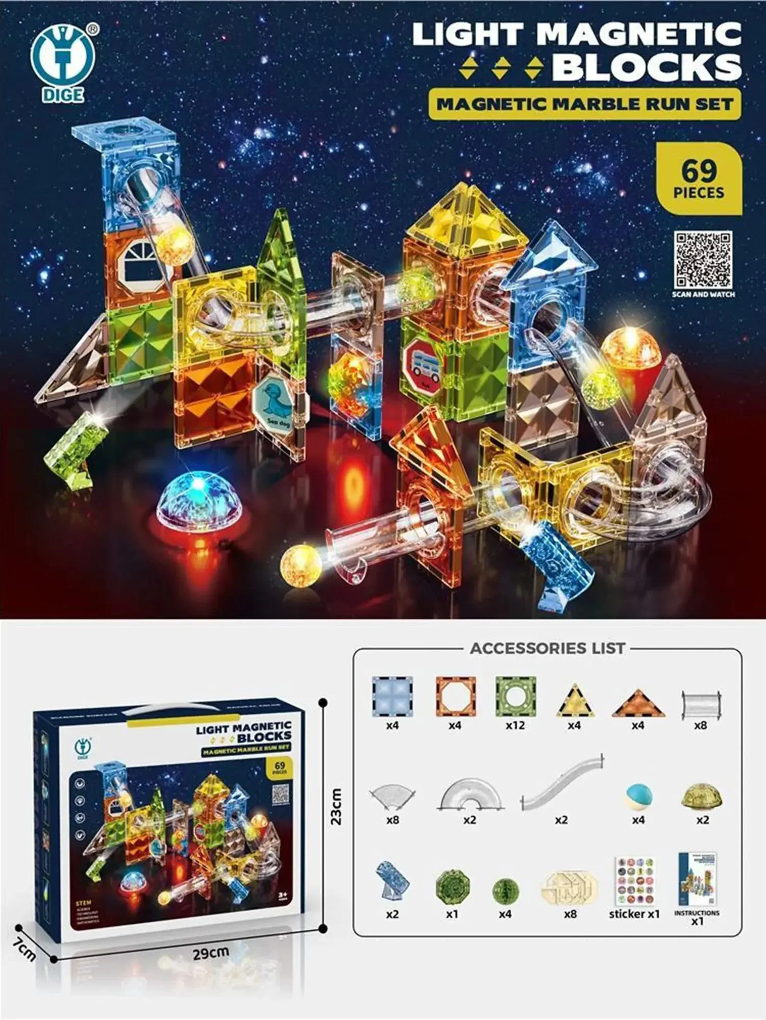 Set de constructie magnetic cu lumini si traseu cu bile, 69 el. foto