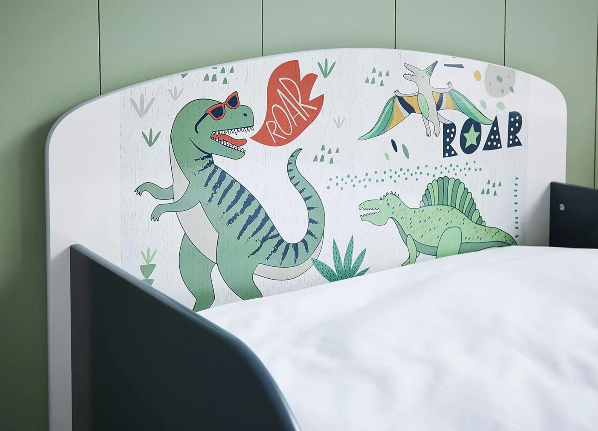 Pat pentru copii U-grow Junior cu protectii laterale, Dinozauri foto
