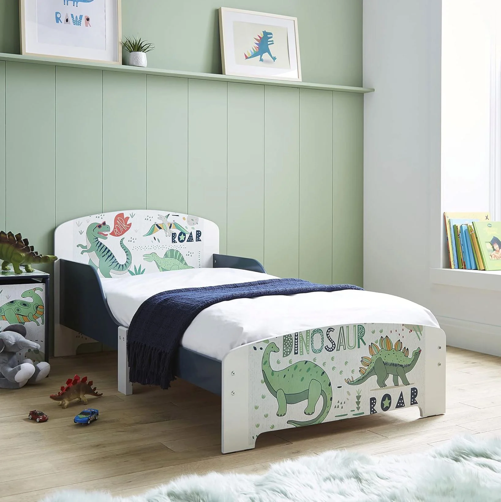 Pat pentru copii U-grow Junior cu protectii laterale, Dinozauri foto