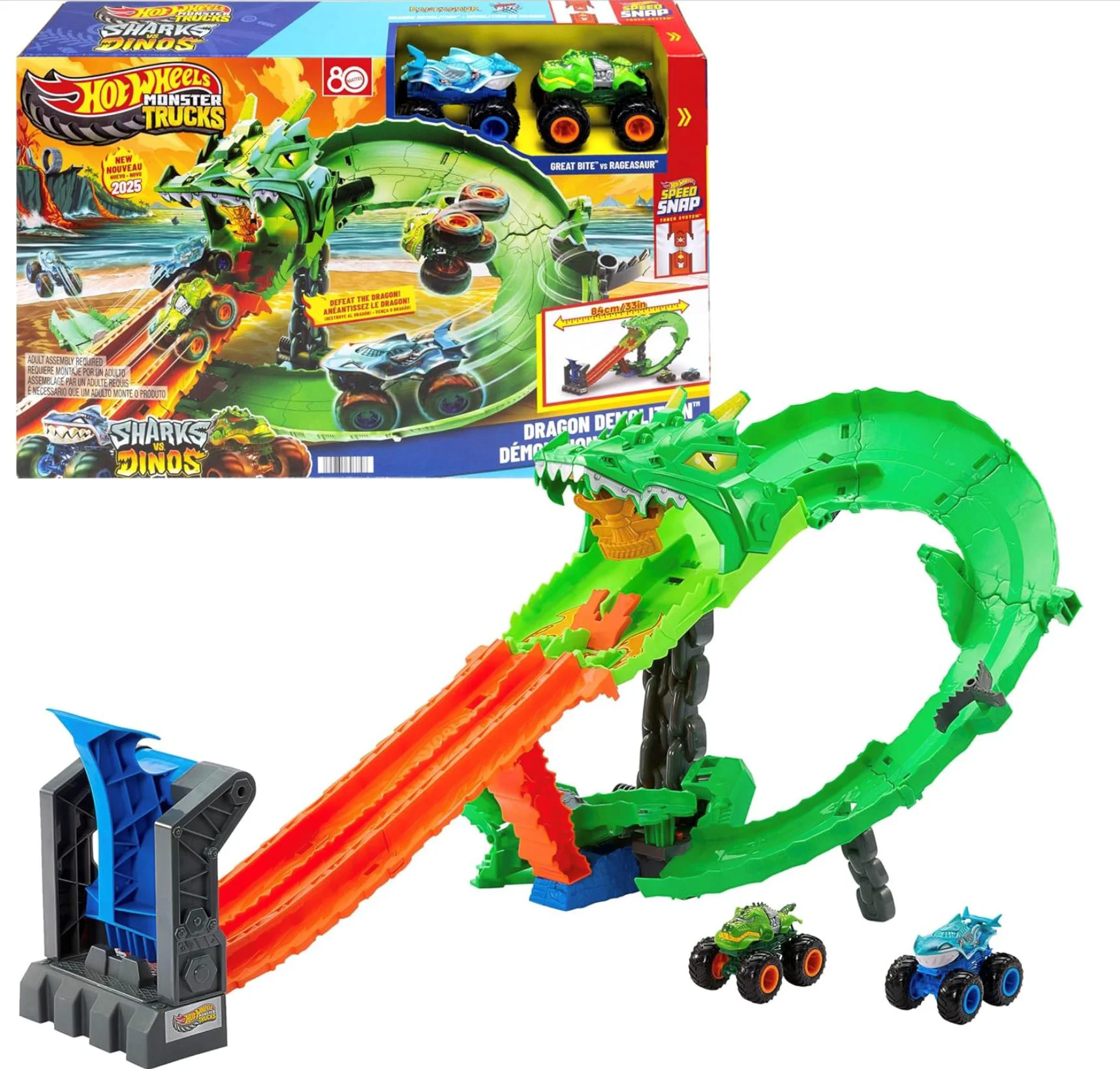 Set de joaca Hot Wheels Demolarea Dragonului cu 2 masini Monster Trucks foto