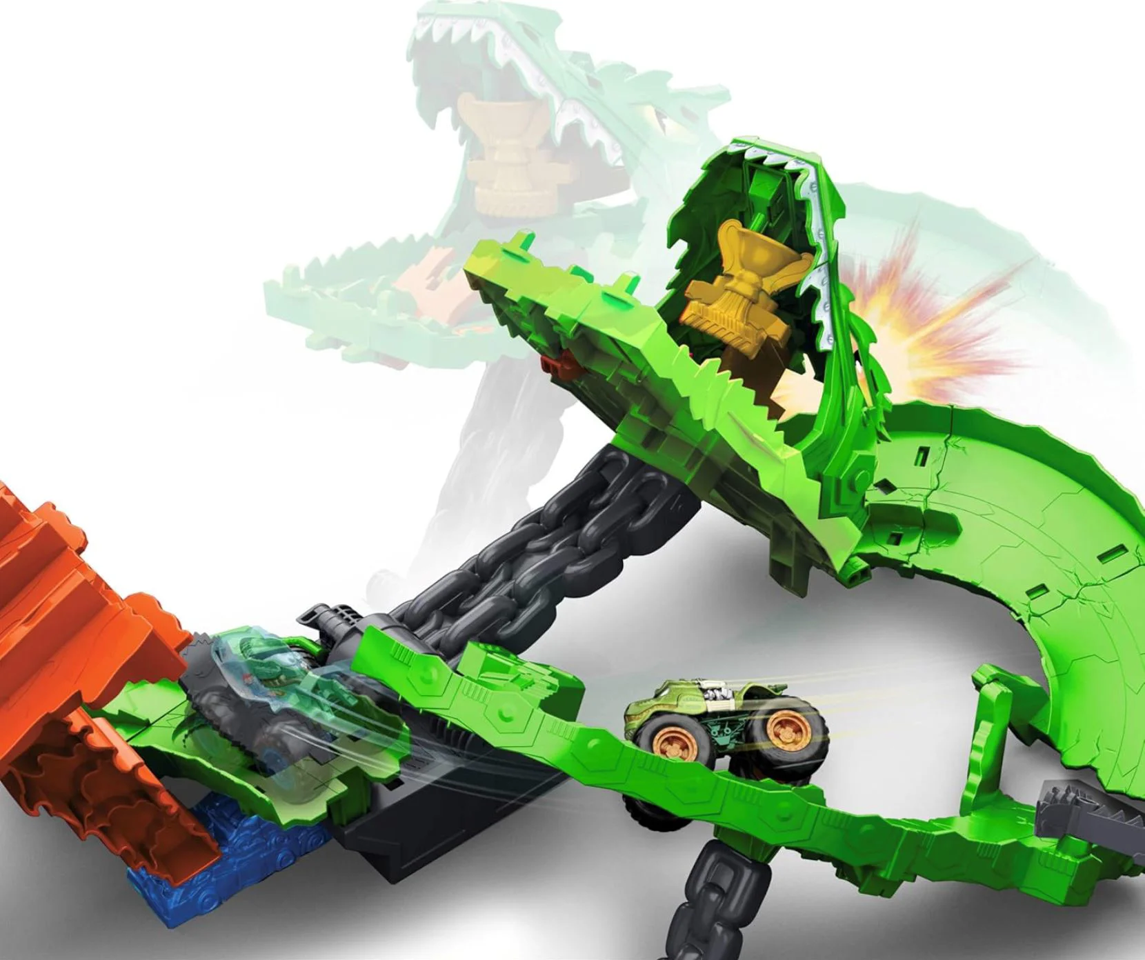 Set de joaca Hot Wheels Demolarea Dragonului cu 2 masini Monster Trucks foto
