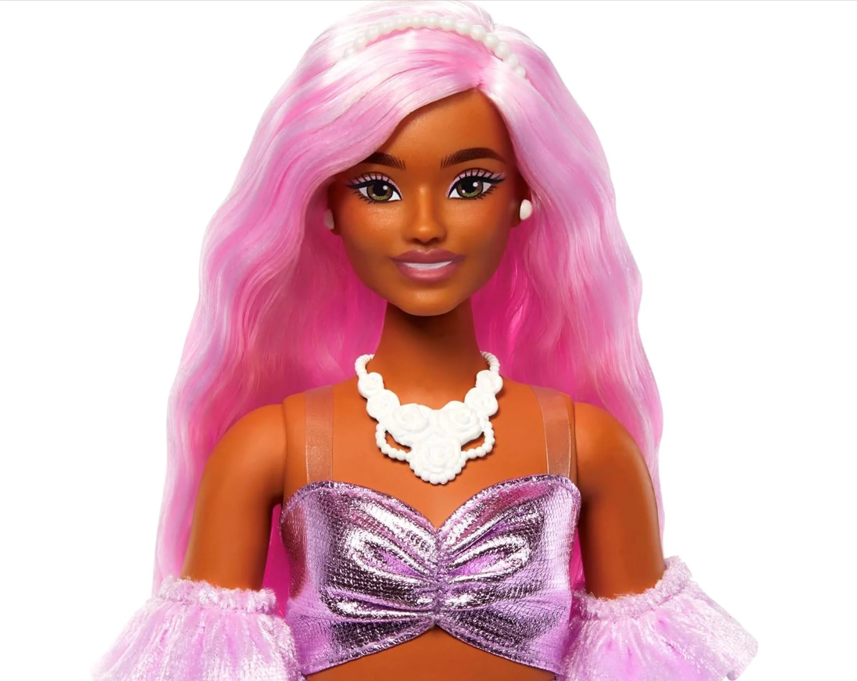 Papusa Barbie Fashionista in rochie roz lucioasa foto