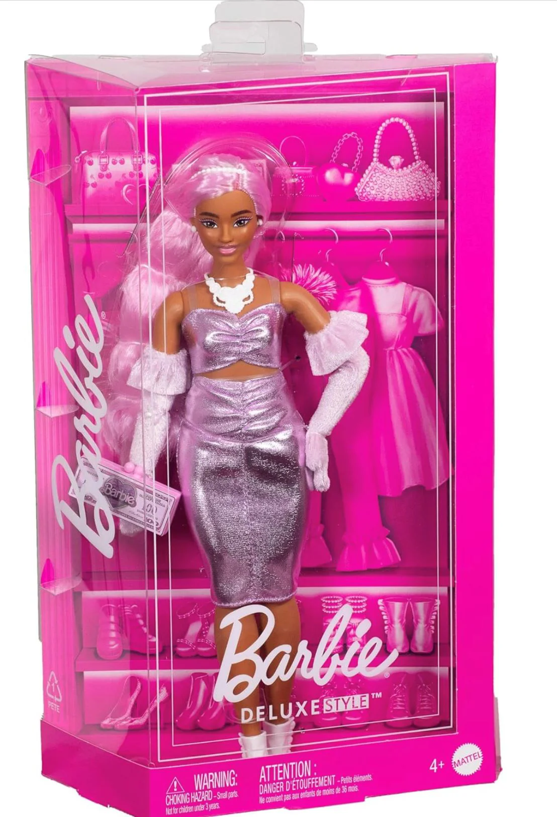 Papusa Barbie Fashionista in rochie roz lucioasa foto