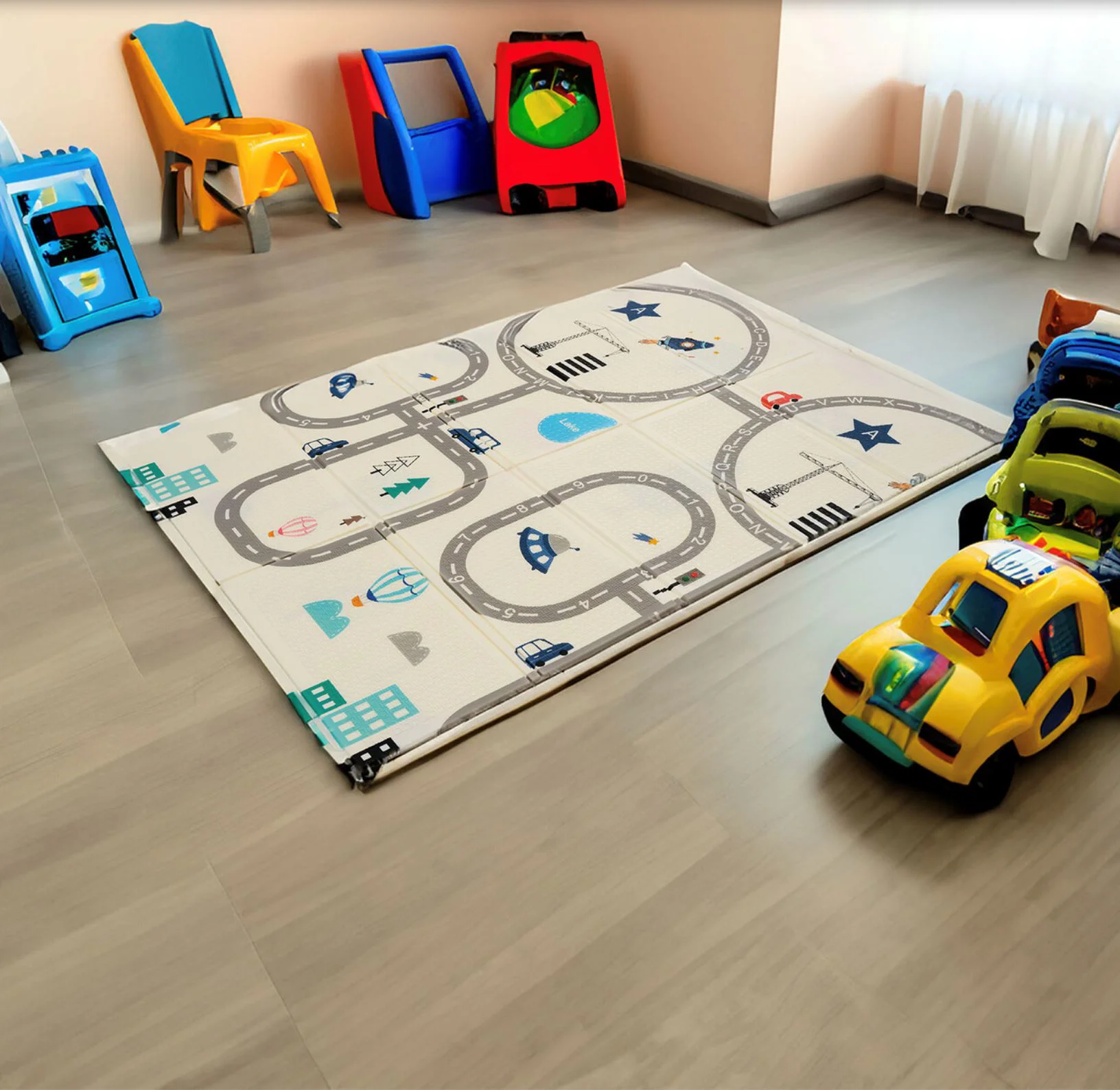 Covoras educativ U-grow cu 2 fete din spuma, Trafic rutier, 180x120x1cm foto