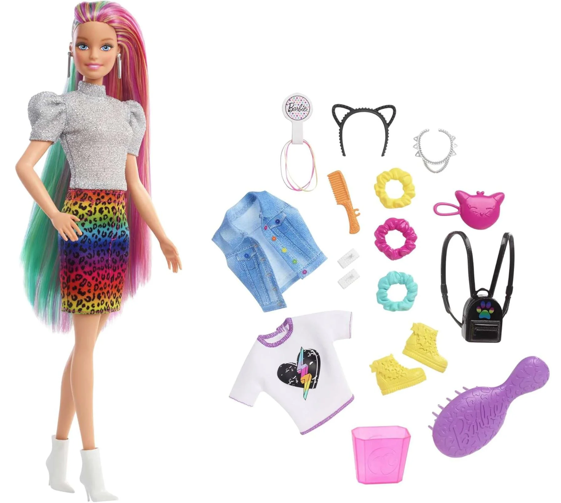 Papusa Barbie cu aspect de leopard cu par in nuante de curcubeu foto