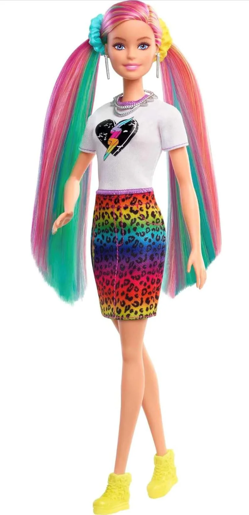 Papusa Barbie cu aspect de leopard cu par in nuante de curcubeu foto