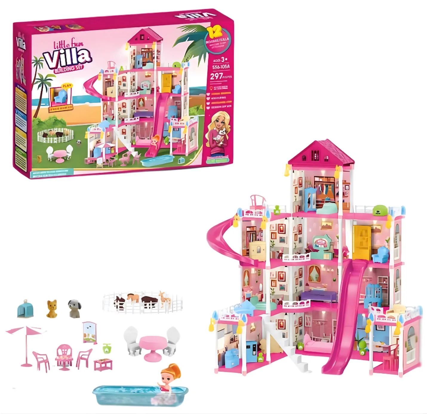 Casuta pentru papusi Essa Toys Vila Mica, cu accesorii, 297 el. foto