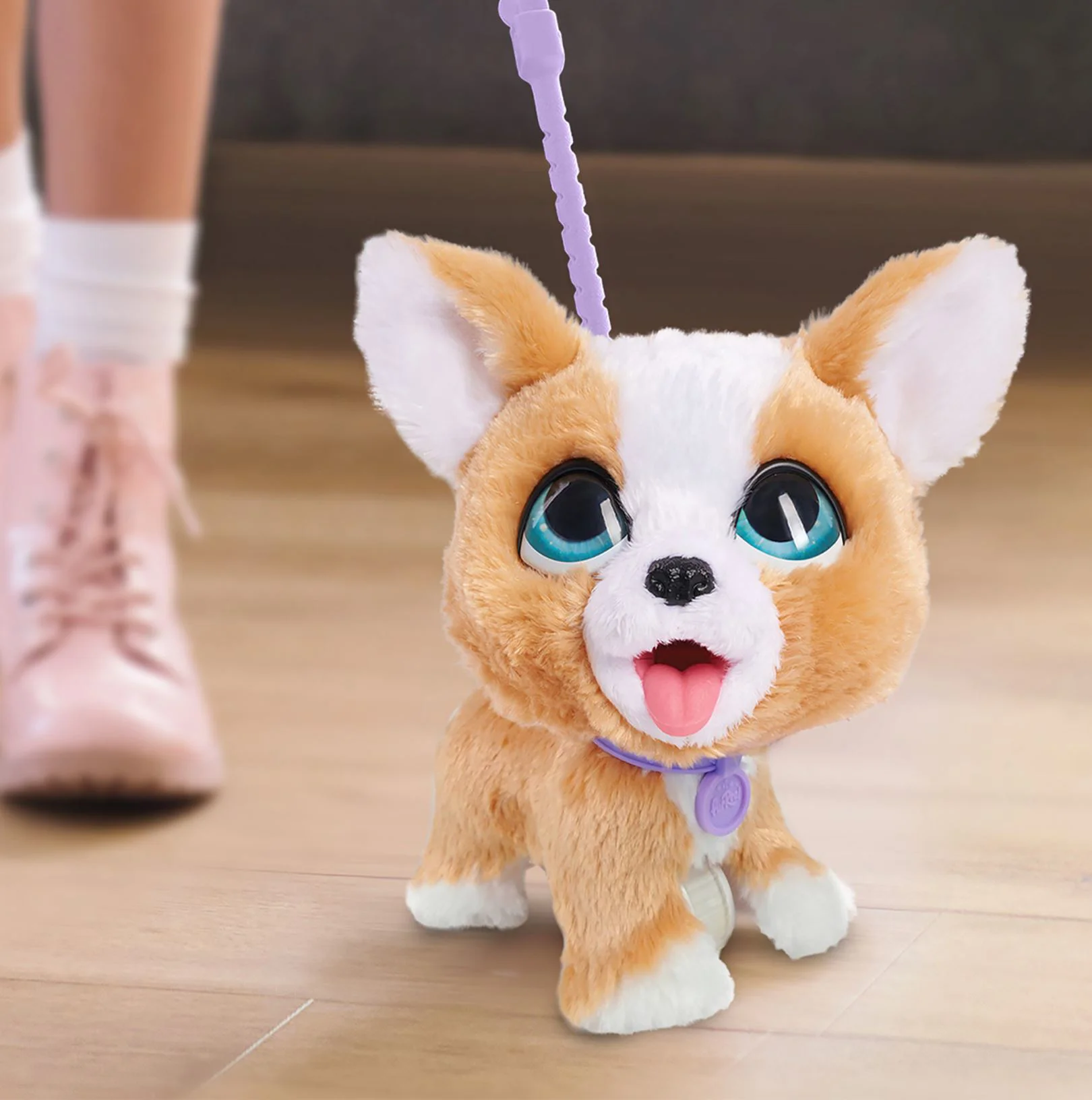 Jucarie interactiva de plus FurReal Catelus Corgi cu lesa, 23 cm foto