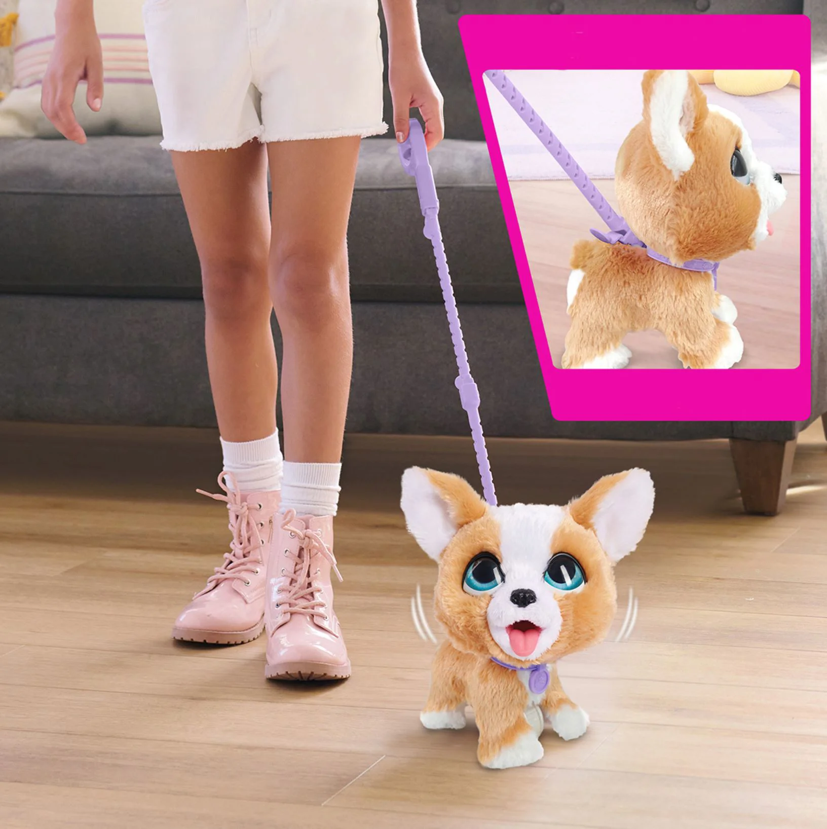 Jucarie interactiva de plus FurReal Catelus Corgi cu lesa, 23 cm foto