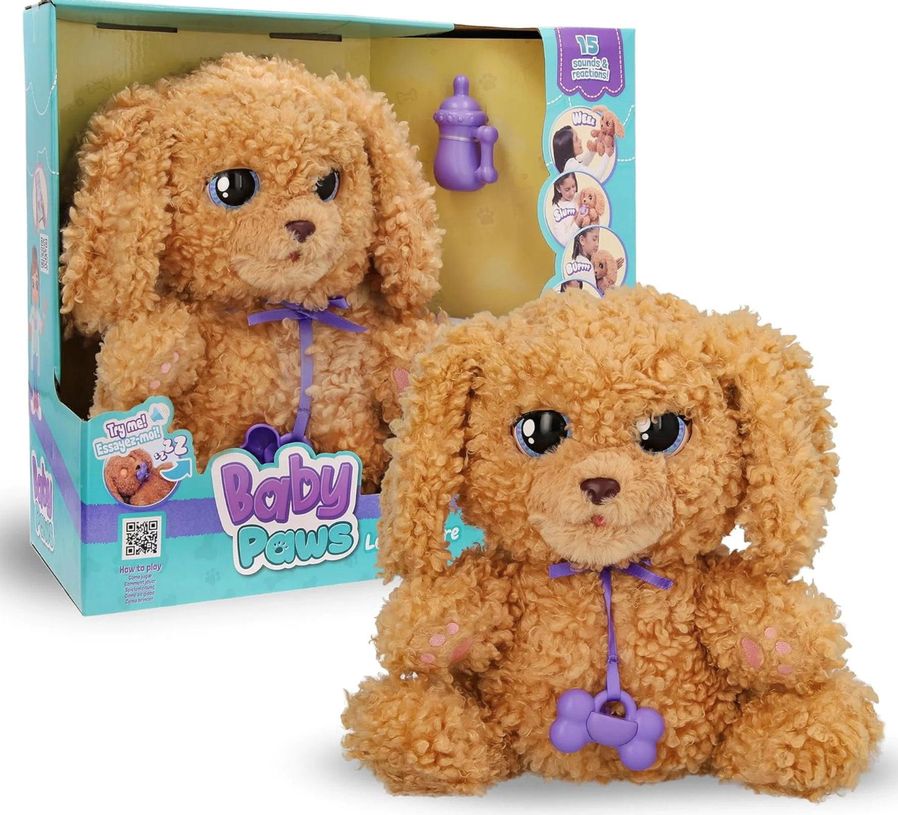 Jucarie de plus interactiva Baby Paws Catelus cu sunete si suzeta in gentuta, 29 cm foto