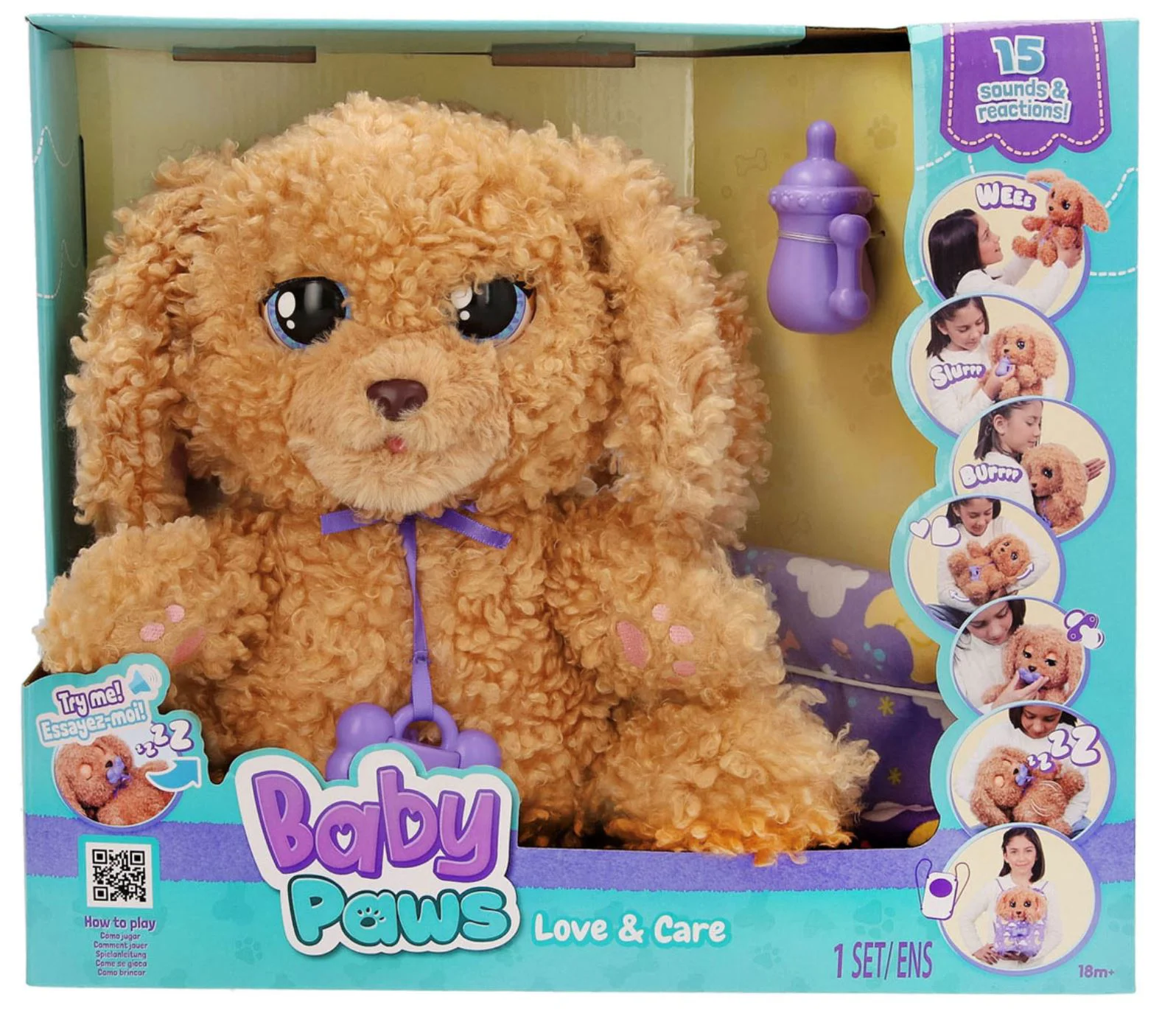 Jucarie de plus interactiva Baby Paws Catelus cu sunete si suzeta in gentuta, 29 cm foto