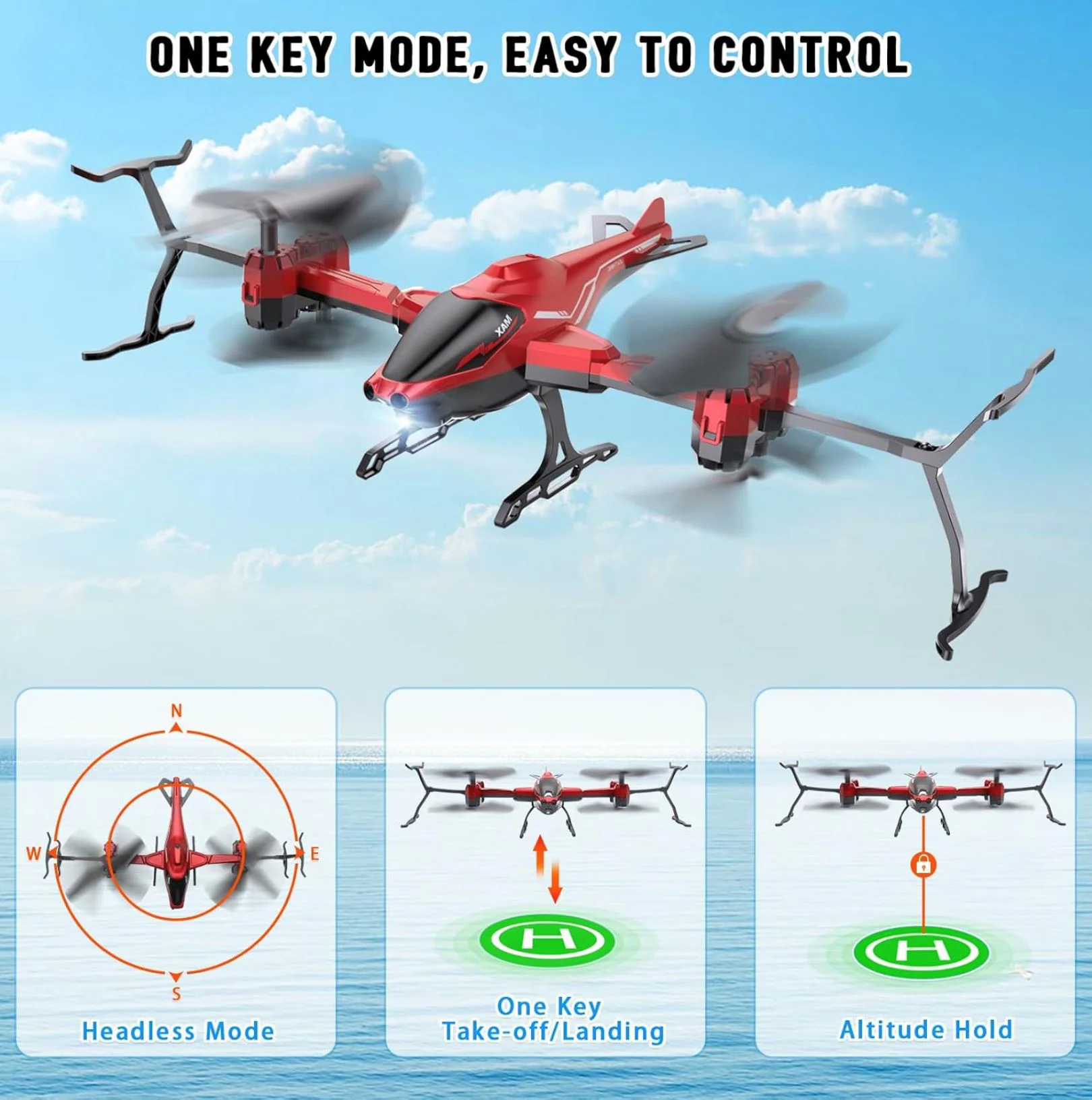 Drona-Elicopter cu telecomanda, senzor, functii viteza, aterizare, rotatie 360, Rosu foto