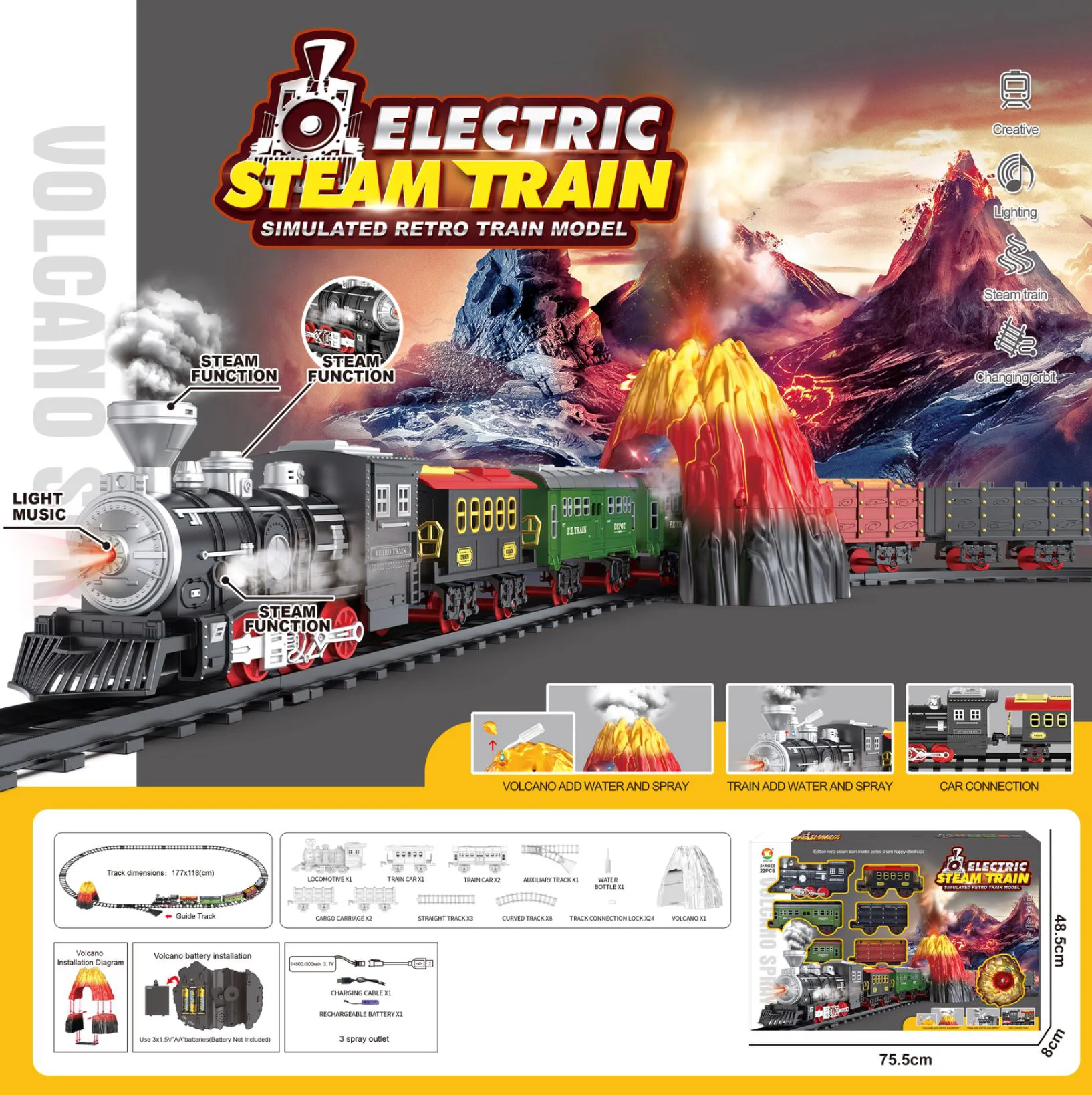 Set de joaca Xiong Xian Tren Vulcan cu cale ferata, 5 vagoane, sunete, lumini si efecte foto