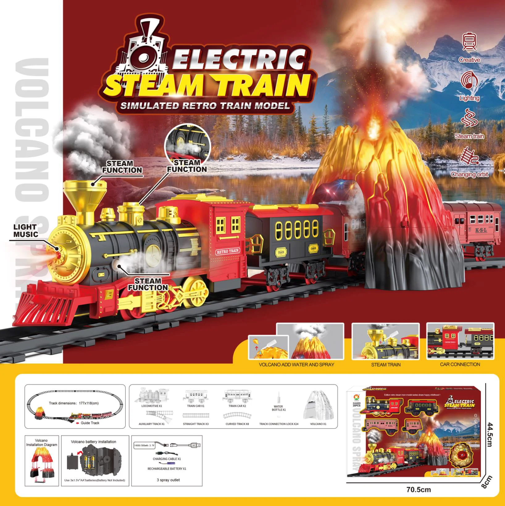Set de joaca Xiong Xian Tren cu cale ferata Vulcan, 3 vagoane, sunete, lumini, efecte fum foto
