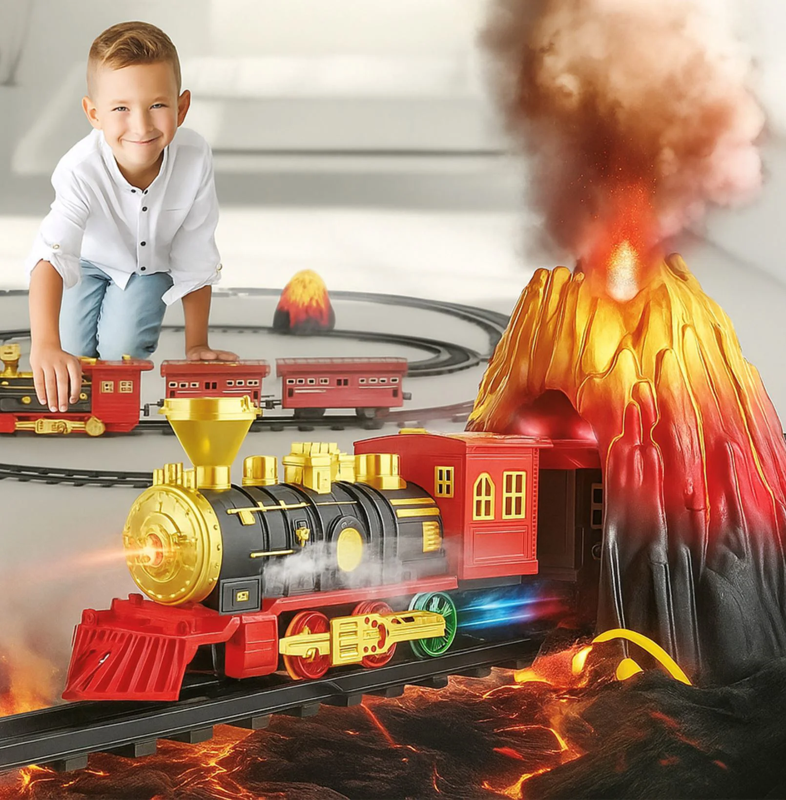 Set de joaca Xiong Xian Tren cu cale ferata Vulcan, 3 vagoane, sunete, lumini, efecte fum foto