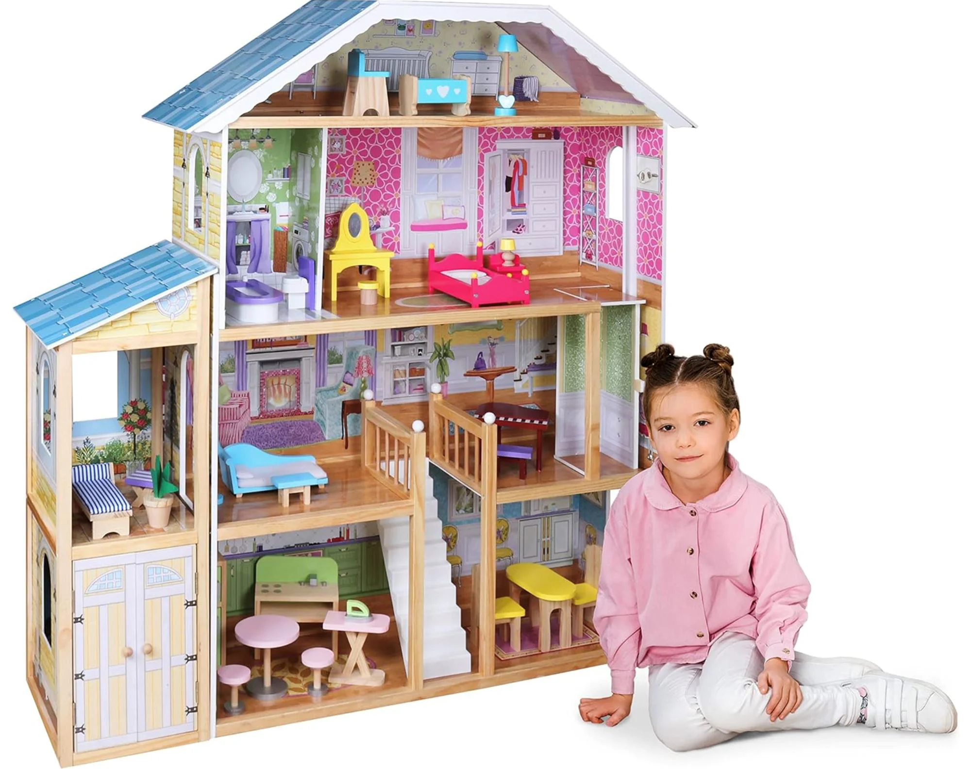 Casuta-conac pentru papusi, din lemn, cu 3 etaje si masarda, scara si 28 accesorii mobilier foto
