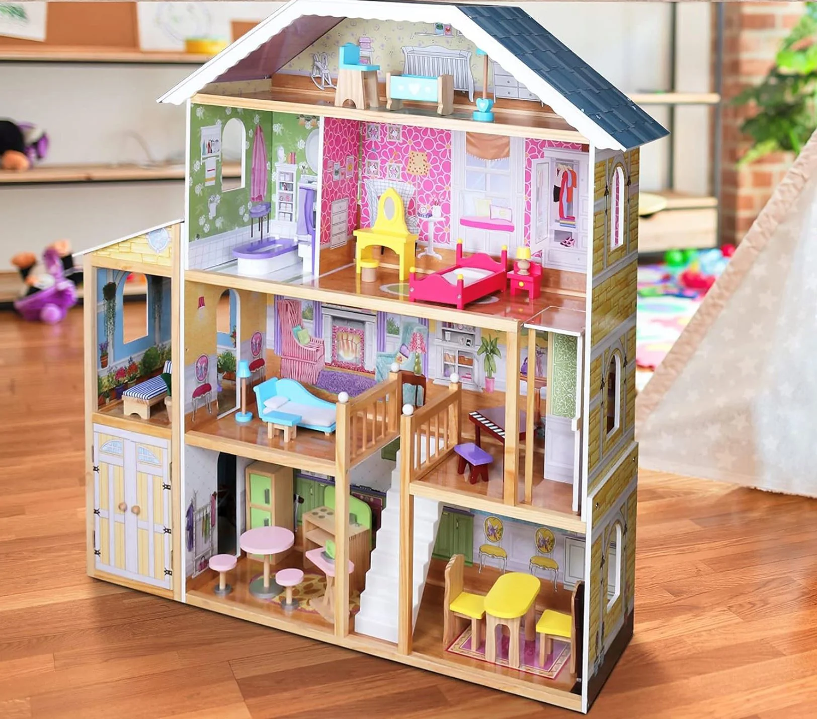 Casuta-conac pentru papusi, din lemn, cu 3 etaje si masarda, scara si 28 accesorii mobilier foto