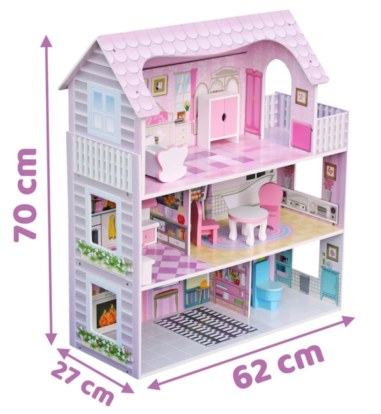 Casuta pentru papusi, din lemn, cu 3 etaje si 8 accesorii mobilier foto