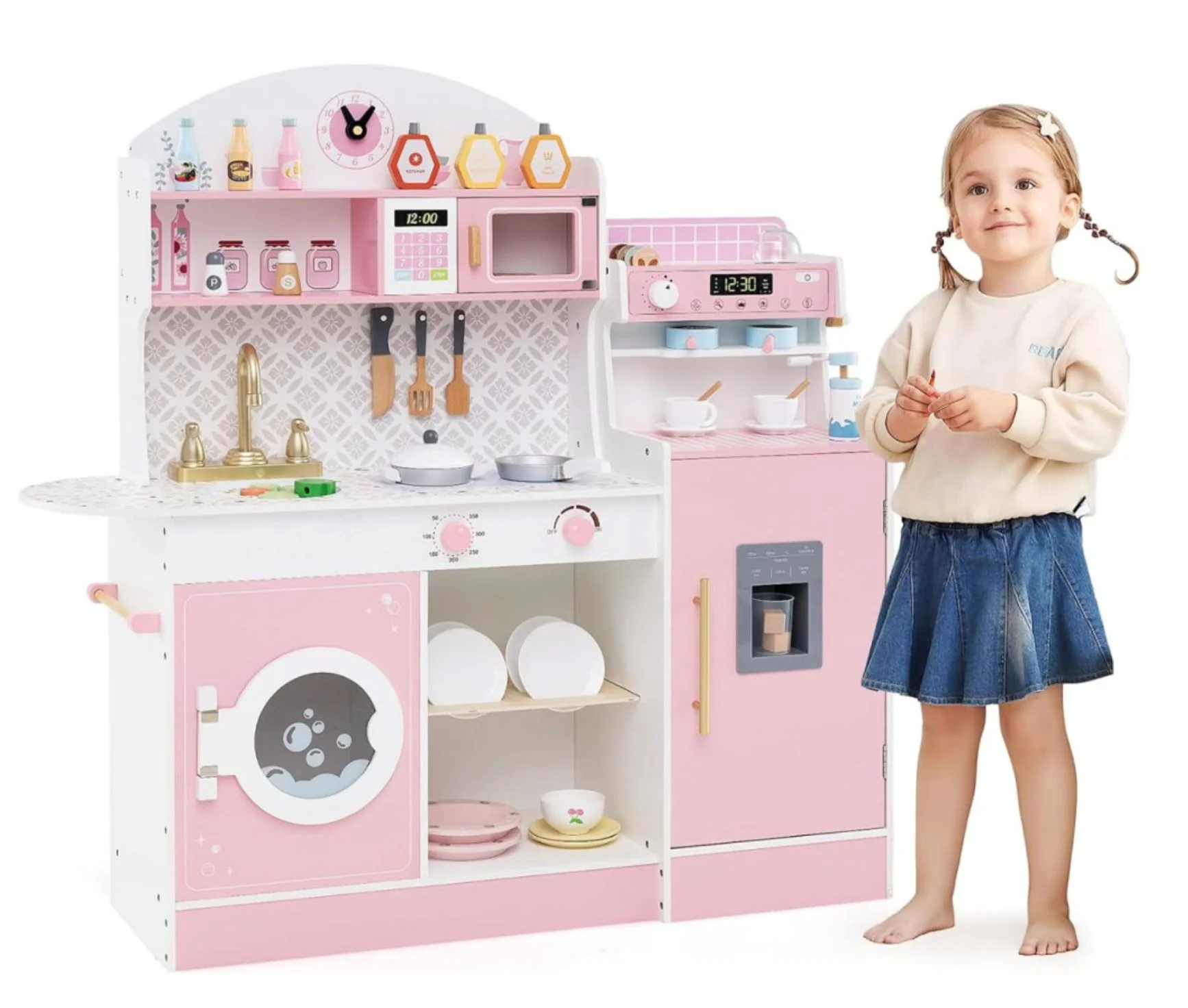 Set de joaca din lemn Bucatarie cu frigider, aparat cafea si accesorii, Roz foto