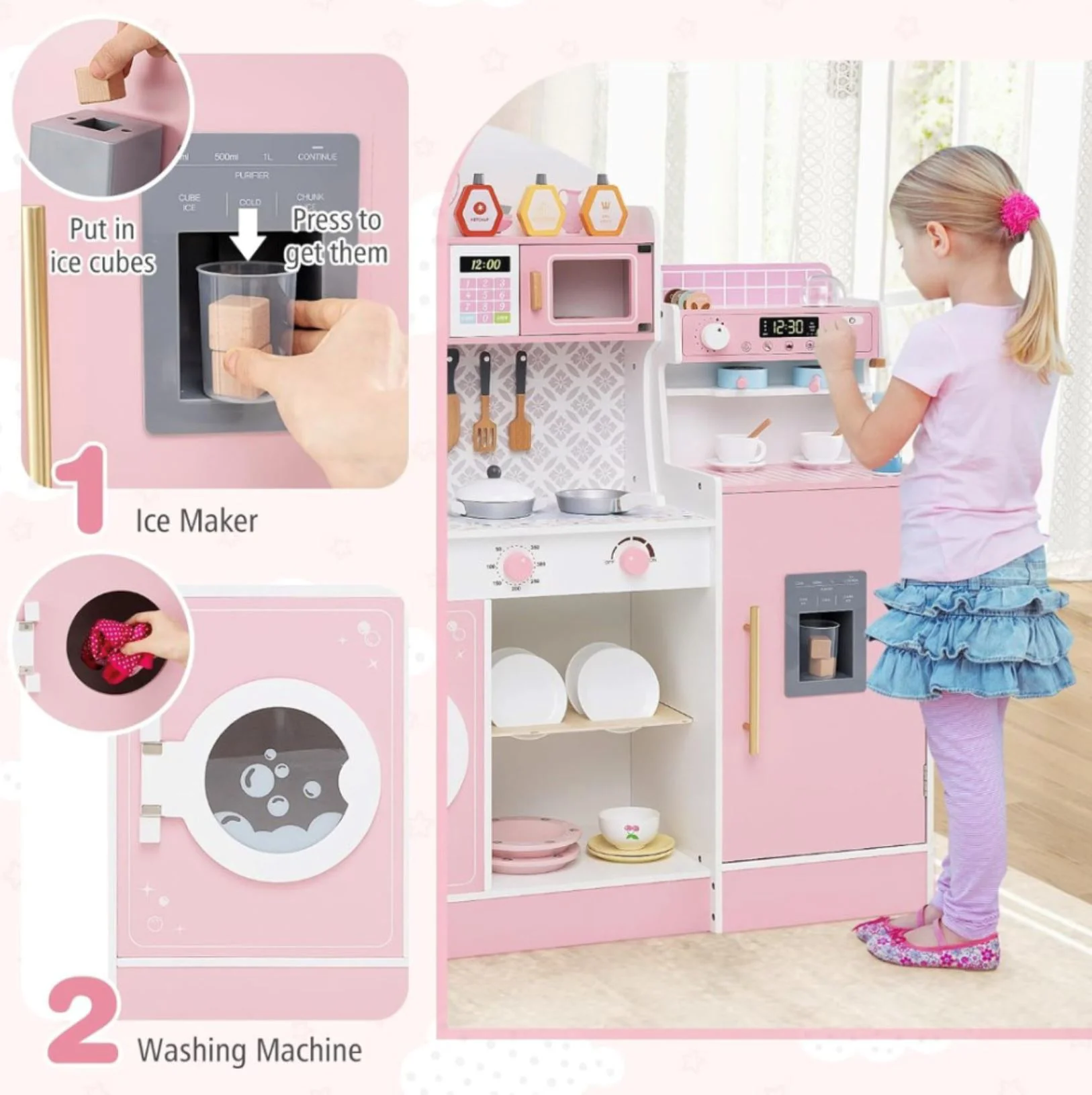 Set de joaca din lemn Bucatarie cu frigider, aparat cafea si accesorii, Roz foto