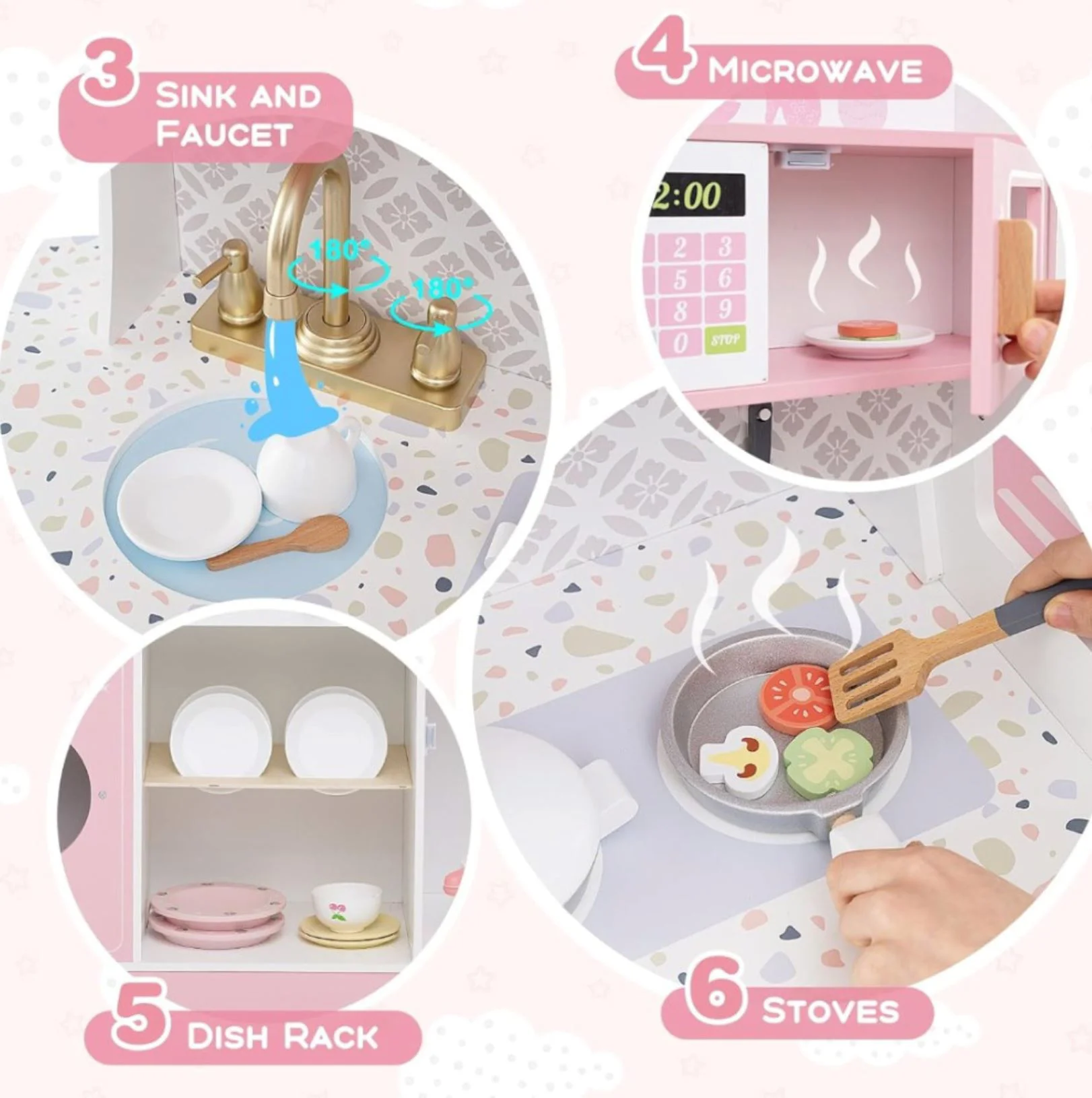 Set de joaca din lemn Bucatarie cu frigider, aparat cafea si accesorii, Roz foto