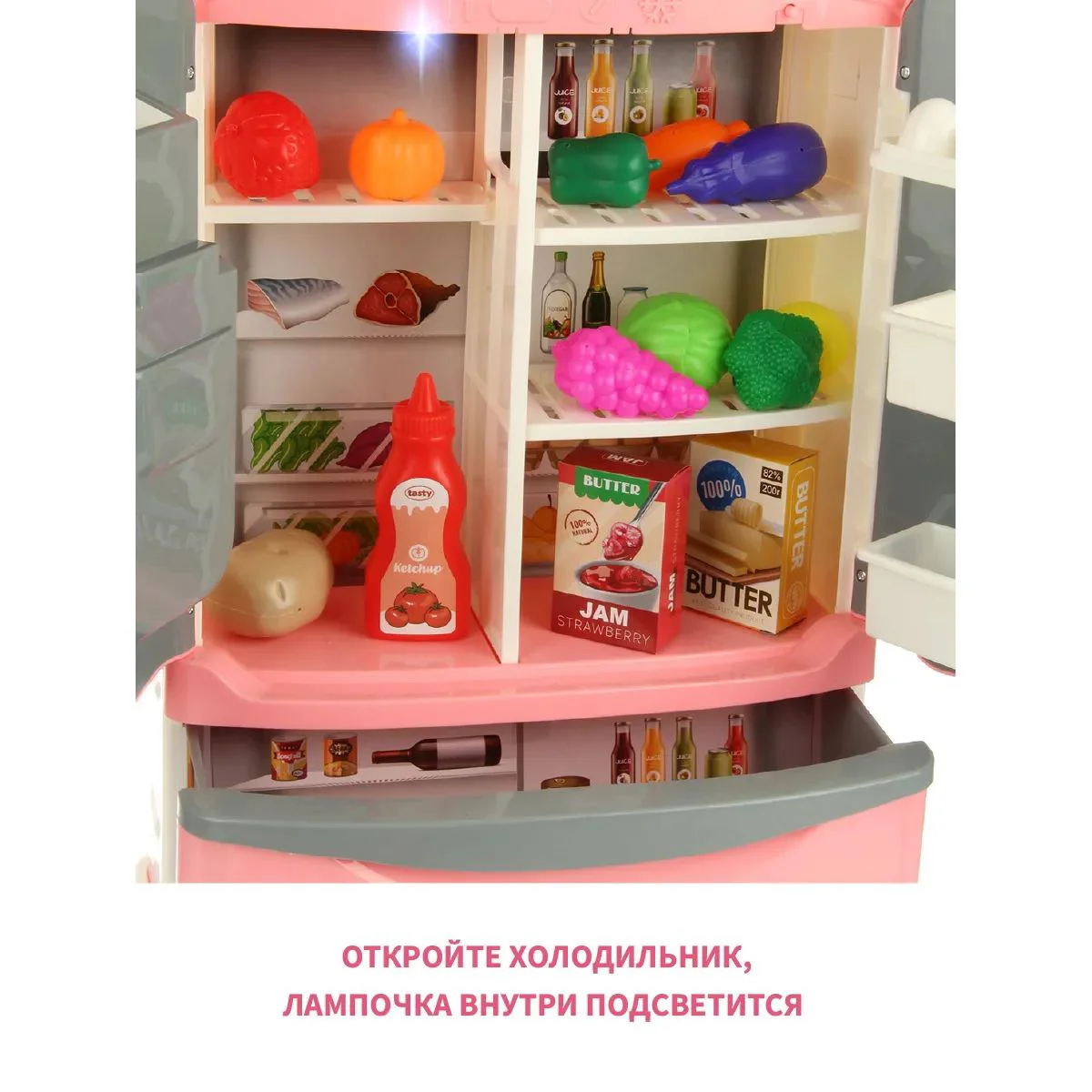 Интерактивная игрушка Холодильник с дымом, звуками, светом и аксессуарами, розовый foto