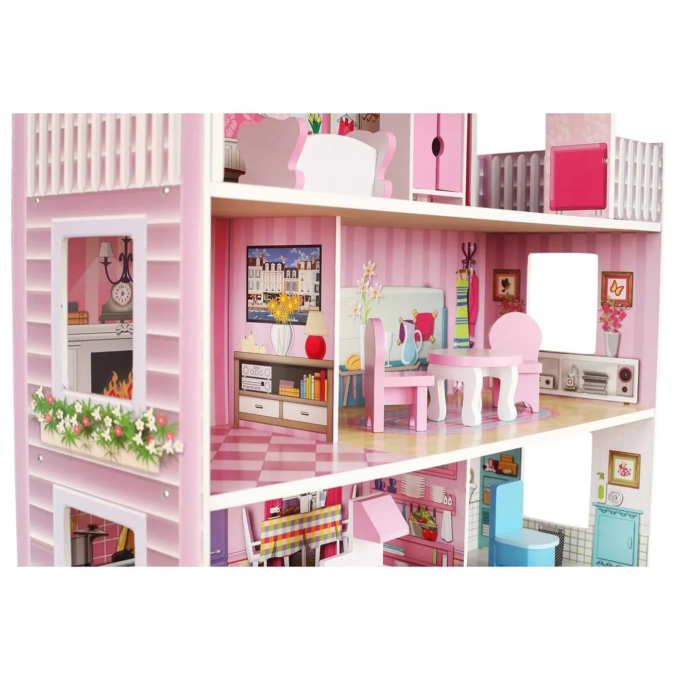 Casuta din lemn pentru papusi cu 3 etaje si 8 accesorii mobilier foto