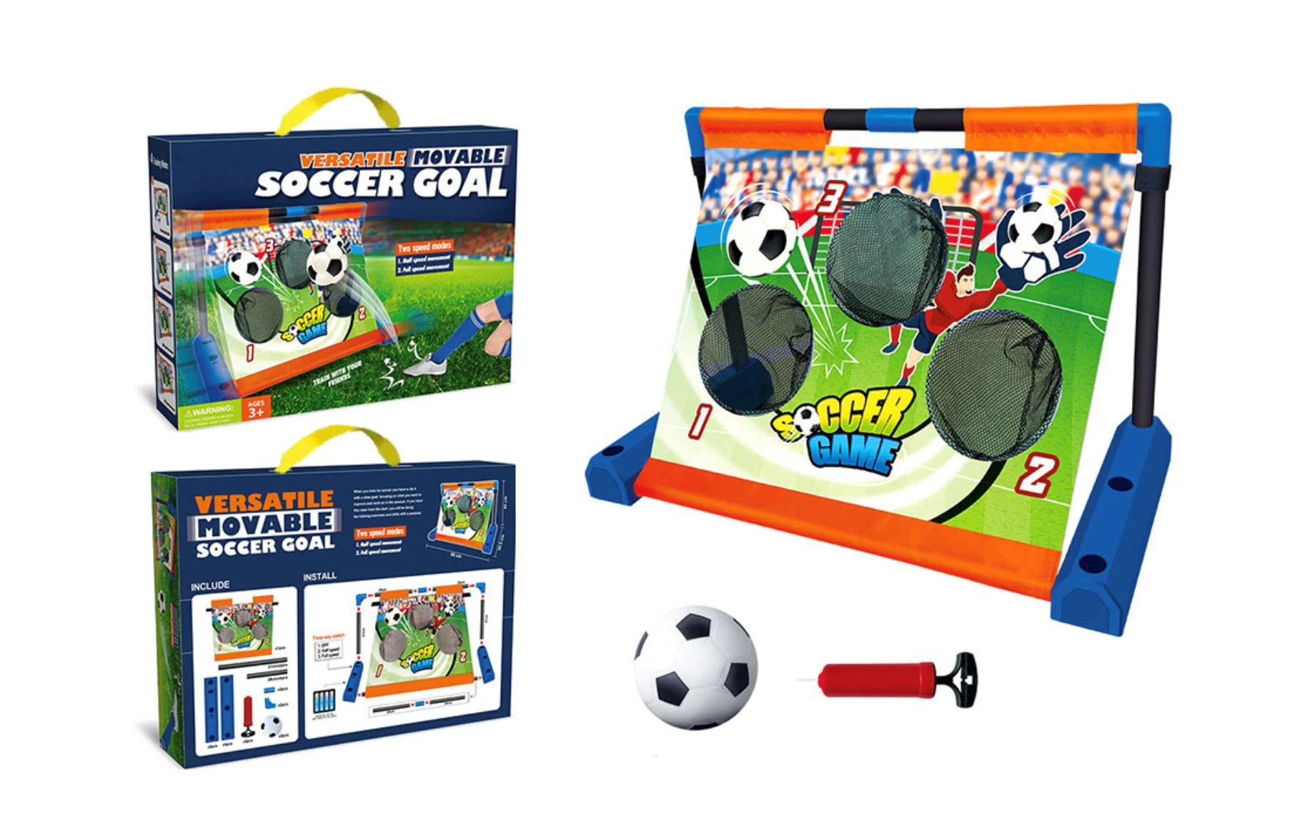 Set de joaca Essa Toys Poarta de fotbal cu 3 tinte pentru antrenament, minge si pompa de umflat foto