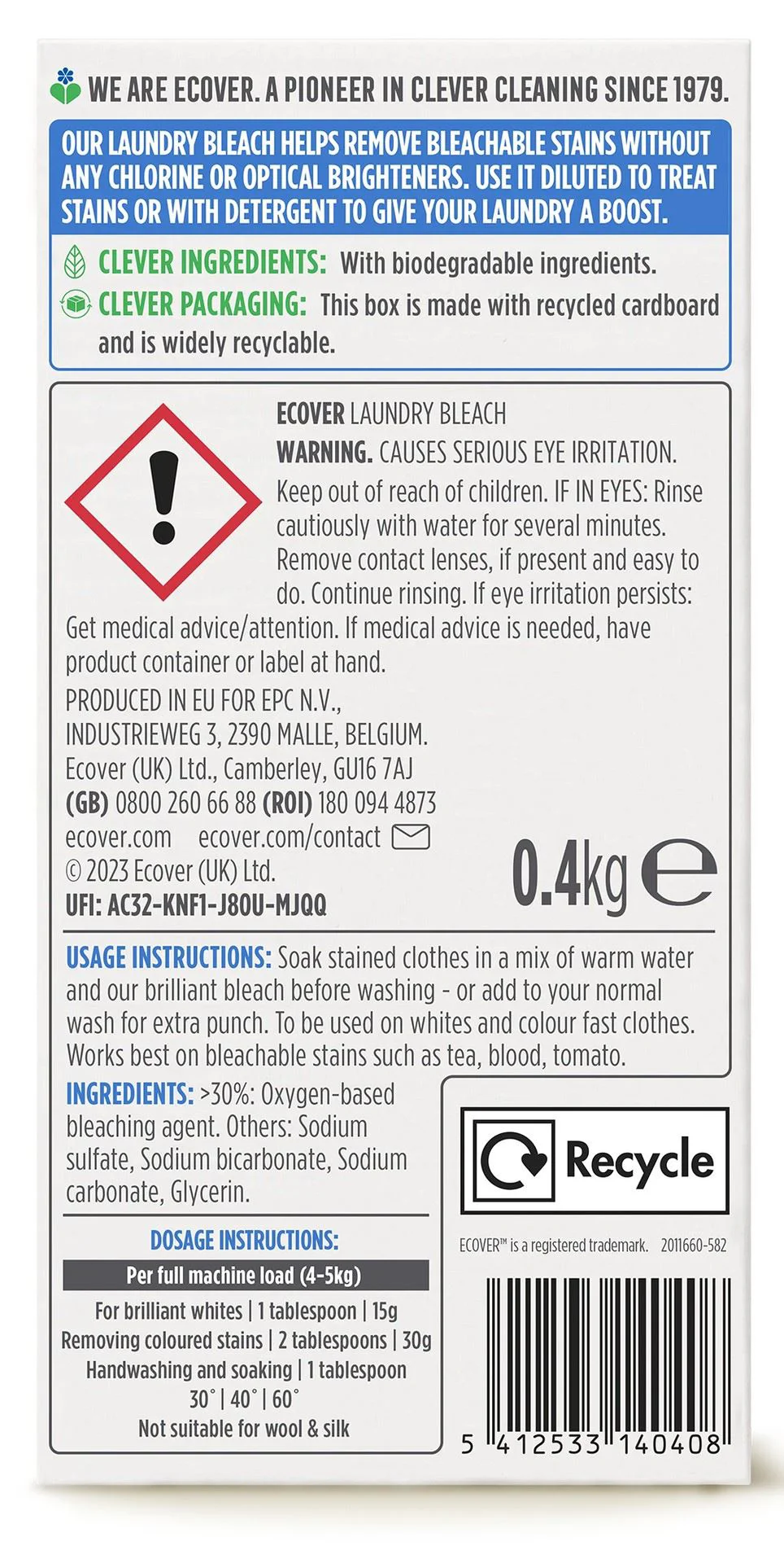 Solutie Eco pentru indepartarea petelor Ecover Brilliant Bleach, 400 g foto