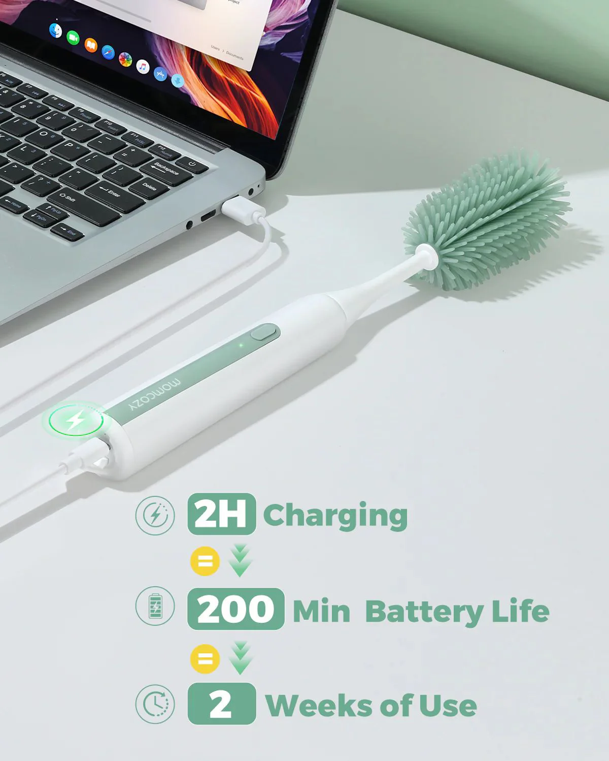 Set pentru curatarea biberoanelor 7 in 1 cu perie electrica Momcozy Green foto