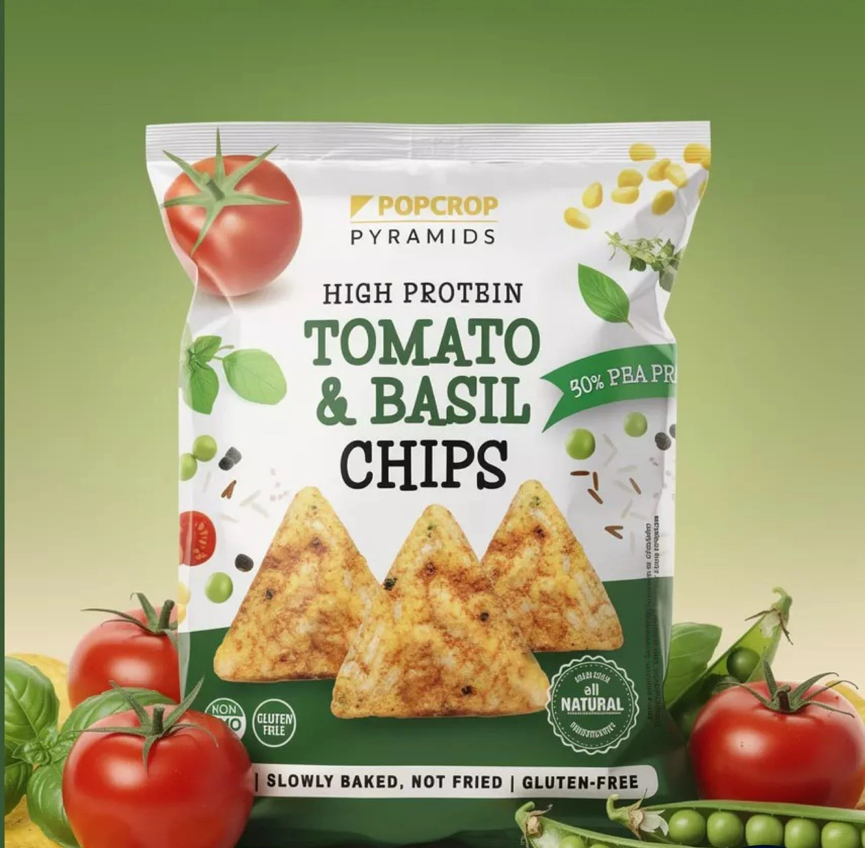 Chipsuri cu proteina Vegan Popcrop cu aroma de tomato si busuioc, 60 g foto