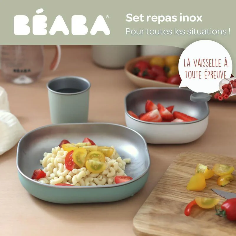 Set de masa din otel inoxidabil Beaba Sage Green, 4 piese foto