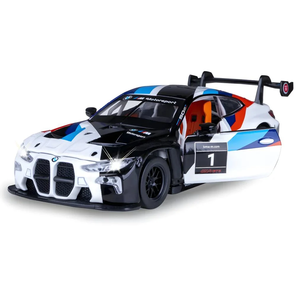 Металлическая машинка BMW M4 GT3 с инерционным механизмом, светом и звуком, Черная, масштаб 1:24 foto