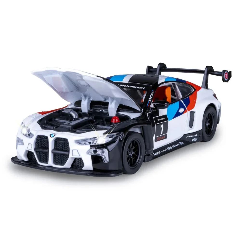 Металлическая машинка BMW M4 GT3 с инерционным механизмом, светом и звуком, Черная, масштаб 1:24 foto